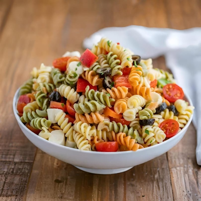 Guido's colorful pasta salad with tri-color rotini, cherry tomatoes, black olives, and mozzarella.