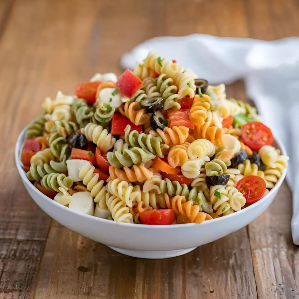 Colorful pasta salad with rotini, cherry tomatoes, black olives, and mozzarella in a white bowl.