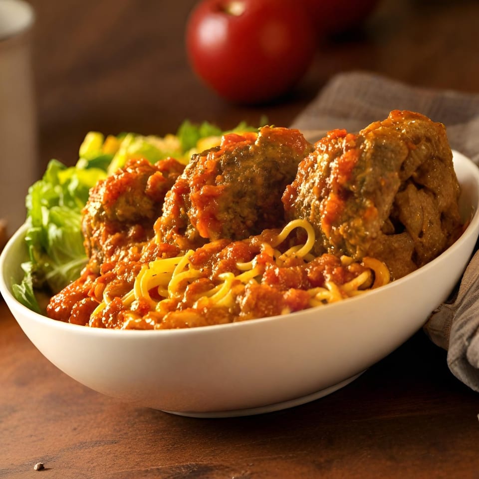 Guido's Pizza & Pasta spaghetti and meatballs with red sauce and a side salad.