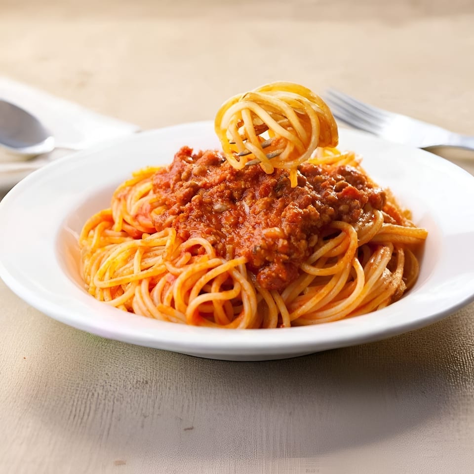 A fork twirls spaghetti with rich Bolognese sauce from a white plate at Guido's Pizza & Pasta.